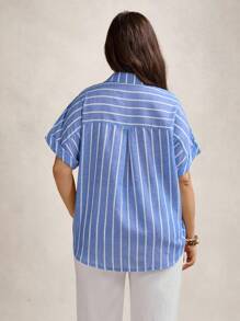 SHEIN LUNE 大码休闲条纹短袖衬衫，适合夏季秋季学校乡村音乐会复古斯德哥尔摩风格教师办公室 90 年代 2000 风格秋季返校旧款工作/办公室商务休闲女士