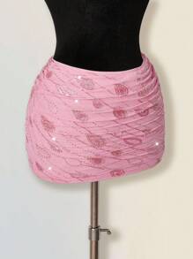 SHEIN ICON Váy ôm sát thời trang dự tiệc sinh nhật về quê cho nữ, xếp ly kim sa màu hồng lấp lánh - Hồng - Xem 6