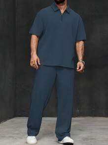Manfinity CasualCool Setelan Kemeja Polo Lengan Pendek dan Celana Panjang Kasual Pria Ukuran Besar, Musim Panas - Dusty Blue - View 4