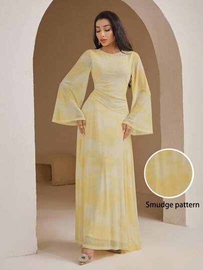 Veilorie Women's Elegant Color Blocking Cinched Waist Flare Sleeve Dress