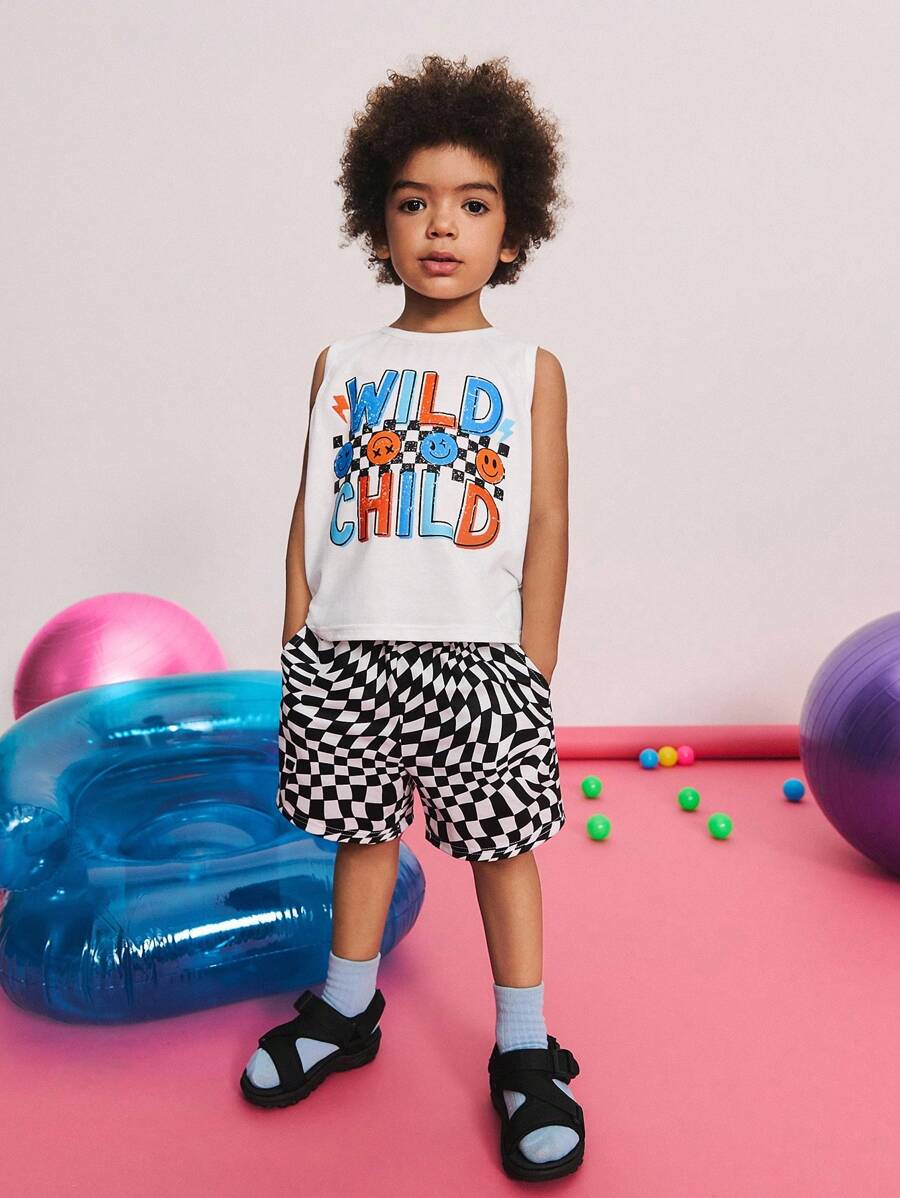 SHEIN Young Boy Summer Casual Minimalist Comfortable Round Neck Sleeveless Colorful Letter Print Tank Top And Shorts Set Kid Graphic Tees,Back To School - White - View 1