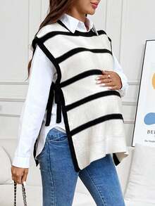 SHEIN Maternity Striped Round Neck Side Knot Casual Knitted Vest - Black and White - View 6