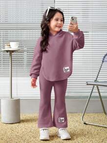 SHEIN 年轻女孩街头服饰连帽运动衫和裤子套装，不对称下摆，2 件套 - 淡紫色 - 查看 7