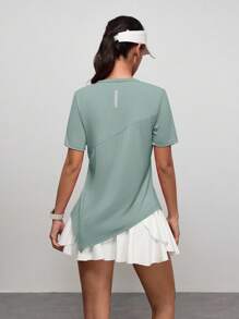 SHEIN Sports Damen T-Shirt mit einfarbigem rundem Kragen, kurzen Ärmeln und asymmetrischem Saum für den Outdoor-Bereich