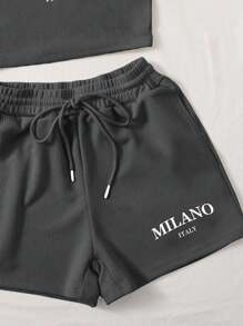 SHEIN EZwear 2pcs Women Casual MILANO Graphic Crew Neck Fitted Tank Top And Drawstring Shorts Set, Suitable For Summer Suitable For Going Out - Dark Grey - View 5