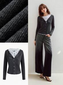 MOTF PREMIUM CONTRAST LACE BOW FRONT 2 IN 1 LONG SLEEVE TEE - Dark Grey - View 7