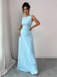 Elenzga Elegantes und schickes Sommer-Strick-Set in hellblau bestehend aus ärmelloser Rippbluse mit geraffter Taille und Bindegürtel sowie asymmetrischem A-Linien-Maxirock, figurbetontes 2-teiliges Set - Blau - Übersicht 4