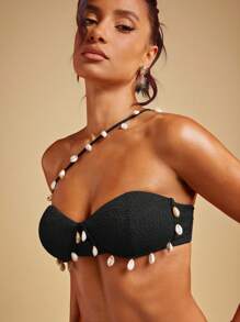 Hauture 性感波西米亚风度假风不对称钩针短款文胸上衣，带贝壳边 - 黑色 - 查看 4