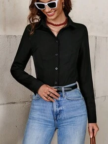 Solivie Solid Button Front Shirt Bodysuit - Black - View 7