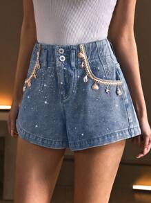 SHEIN Frenchy Quần short denim ống rộng dáng rộng đính đá lấp lánh cho nữ - Màu xanh lam - Xem 1