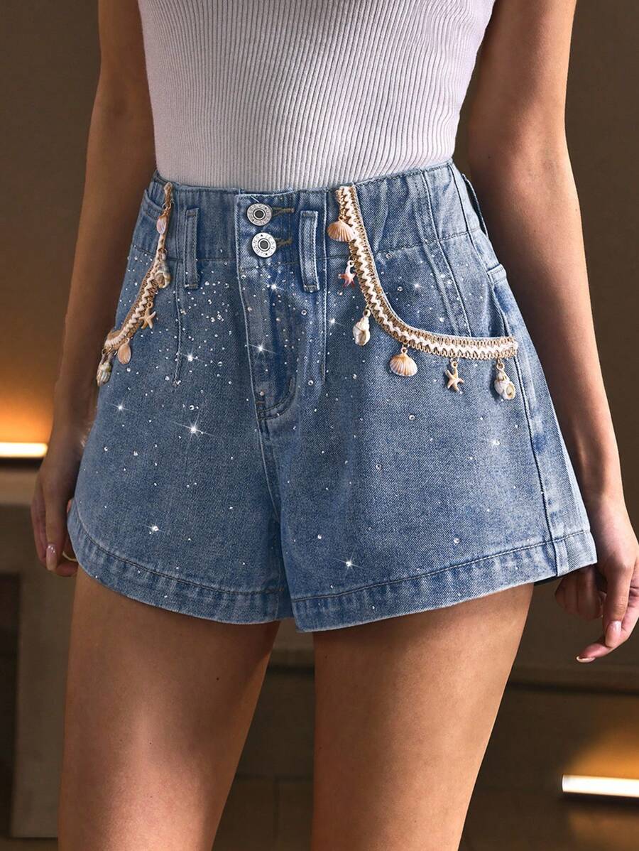 SHEIN Frenchy Quần short denim ống rộng dáng rộng đính đá lấp lánh cho nữ - Màu xanh lam - Xem 1