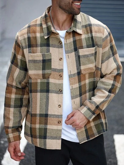 Manfinity Homme Herr Plus Size Retro Casual Rutig Plåsterficka Framknapp Långärmad Jacket, Flanell Jacket, Höst, Vinter