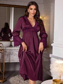 LuxeNights Lace Patchwork Deep V-Neck Sexy Waist Women's Silk-Like Nightgown Babydoll Luxe Loungewear Cozy And Elegant Details, Fall & Winter - Maroon - View 4