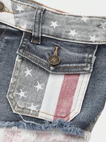 ROMWE Avant Y2K 亚文化千禧女孩国旗印花流苏超低腰女式牛仔短裤 - 藍色 - 查看 3