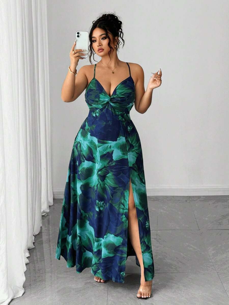 Elenzga Váy xòe họa tiết hoa mới, buộc xoắn phía trước, thiết kế xẻ tà dành cho nữ cỡ lớn, thích hợp cho kỳ nghỉ và hẹn hò - Nhiều màu - Xem 1