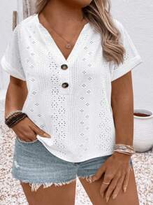 EMERY ROSE تي شيرت كاجوال من الجاكار المحبوك مع ياقة أزرار للمرأة مقاسات كبيرة الحجم - متعدد الألوان - مشاهدة 3