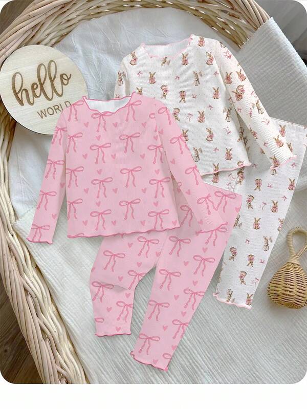 SHEIN 4pcs Newborn Casual Simple Bow Pattern Long Sleeve T-Shirt Set, Suitable For Summer Baby Girl Pj Set Baby Girl Long Sleeve Set Baby Girl Pajamas Baby Girl Clothes Baby Girl Bunny Pajamas Graphic Fall Winter