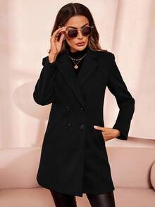 SHEIN Tall CURVE Plus Size Lapel Neck Double Breasted Overcoat Long Black Coat Women Tall Women Coat Plus Size Coat Women Church Coat Blazer Coat Winter Fall Autumn