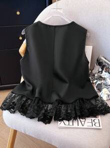 Franclia Women's Solid Color Embroidered Lace Patchwork Sleeveless Shirt With Design Details, Spring/Summer, Casual & Fashionable Clothes For University - Black - View 2