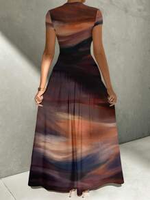 Firerie 优雅不对称腰线连衣裙，超大连衣裙，优雅扎染抽象印花图案，棕色抽象印花图案，女士长裙适合夏季，度假，派对适合外出别致连衣裙 - 彩色 - 查看 2