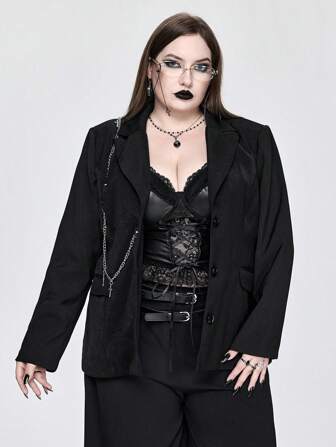 Plus Size Women's Gothic Fashion Chain Decor Black Blazer Jacket, Autumn