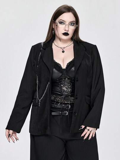Goth Plus Size Women's Gothic Fashion Chain Decor Black Blazer Jacket, Autumn