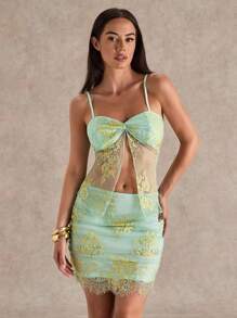 Glamine 2pcs/Set Women's Elegant Sexy Lace Twist Sling Crop Top And Slit Mini Skirt Set, Summer