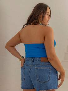 SHEIN Aralina-E Curve 夏季/冬季 Y2K 街头服饰修身吊带圆领上衣，带环扣饰边和内置胸罩 - 藍色 - 查看 2