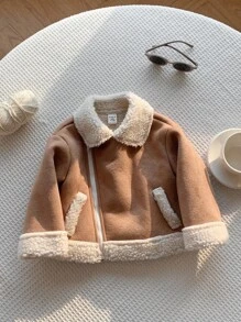 SHEIN Baby Boy Khaki Patchwork Fluffy Thickened Suit Collar Jacket, Fall Autumn/Winter