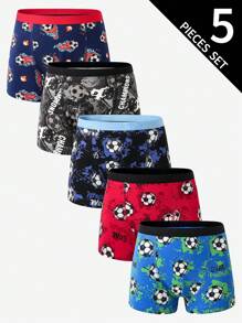 5pcs/Pack Teenage Boys' Minimalist Retro Cotton Colorful Football Graphic Soft Comfortable Boxer Briefs Boys Trunk Boys Soccer Underwear,Backto SchoolFashion Fall Winter