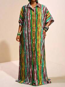 Veslaya Đầm maxi dáng rộng kẻ sọc nhiều màu sắc, cỡ lớn, thích hợp mặc hàng ngày và đi nghỉ mát vào mùa xuân/hè. - Nhiều màu - Xem 4