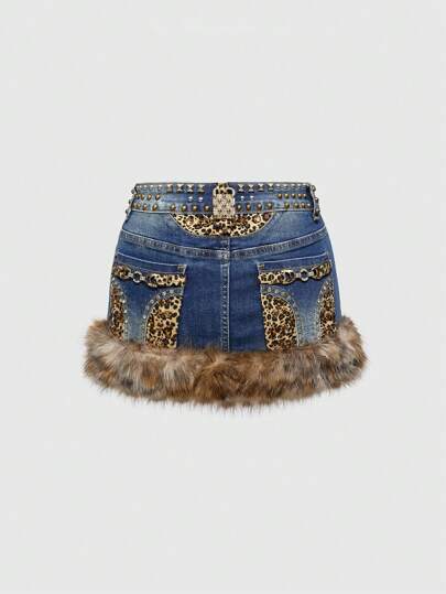 ROMWE Avant Distressed Vintage Wash Leopard Print Pocket Studded Short Denim Skirt
