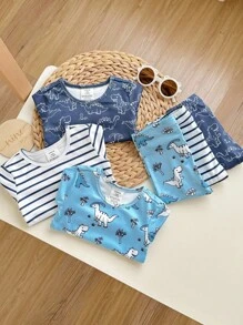 6pcs Baby Boy Snug Fit Cartoon Dinosaur & Striped Pattern Soft & Comfy Pajama Set Graphic - Blue and White - View 6