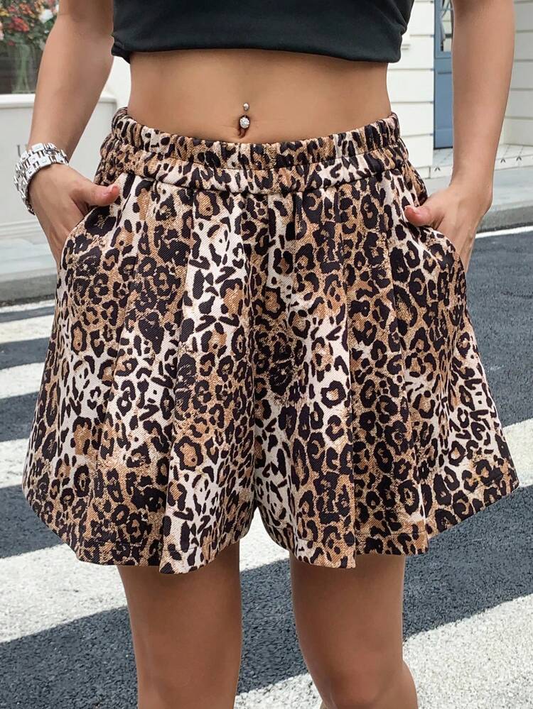 Women's Leopard Print Loose Elastic Waist Casual Shorts, Summer