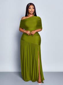 SOLERSUN Spring And Summer Plus Size Women's Sexy Party Casual Vacation Brown Shiny Fabric One Shoulder Gathered Off-Shoulder Collar Front Slit Ruffle Knitted Long Skirt - Green - View 6