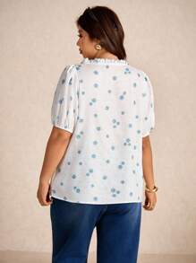 Elaquor Plus Size Women Floral Pattern Ruffle Trim Square Neck Short Puff Sleeve Blouse