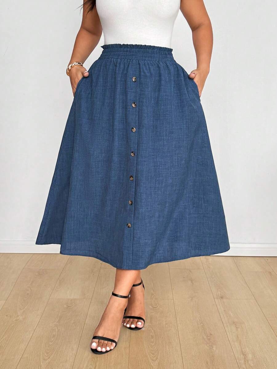 SHEIN EMERY ROSE CURVE 自然风格牛仔效果纽扣装饰A字裙