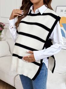 SHEIN Maternity Striped Round Neck Side Knot Casual Knitted Vest - Black and White - View 1