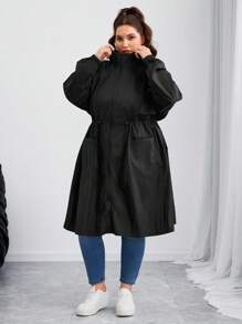 SHEIN CURVE+ Curves Plus Size/Chool Clothes/Back To School Clothes /Back To SchoolPlus Size Women Black Gathered Waist Long Trench Coat, Autumn/Winter Fall