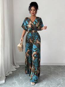 Elenzga Women's Elegant Floral Print Pleated Jumpsuit For Commuting - Multicolor - View 4