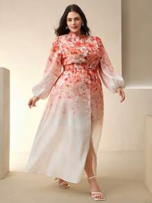 Anewsta Vestido largo para mujer de talla grande con mangas de farol, estampado digital naranja y cinturón para estilizar la figura - Naranja - Ver 4
