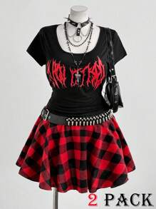 Flirla 2件套朋克时尚图案印花圆领T恤搭配格子A字迷你裙 - 彩色 - 查看 1