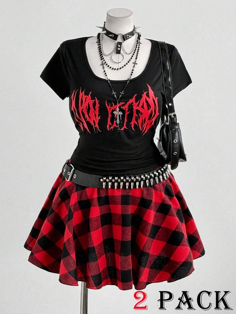 Flirla 2件套朋克时尚图案印花圆领T恤搭配格子A字迷你裙 - 彩色 - 查看 1