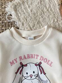 SHEIN 0-3 岁女婴幼儿休闲甜美蝴蝶和兔子印花长袖羊毛衫 + 裤子 2 件套服装套装，春夏 - 粉色 - 查看 4