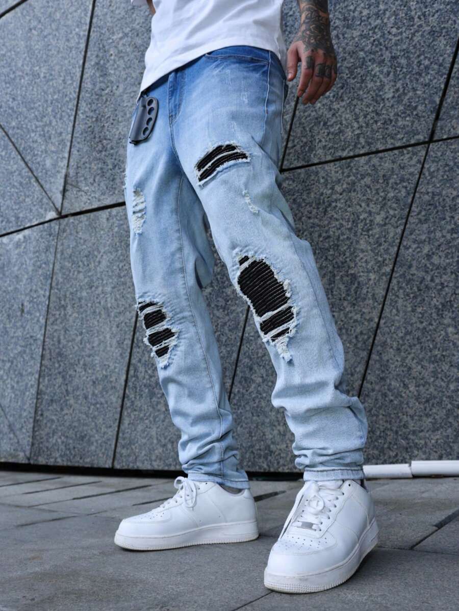 Manfinity EMRG 男式浅蓝色做旧贴布弹力紧身牛仔裤 - 淺色水洗藍 - 查看 1