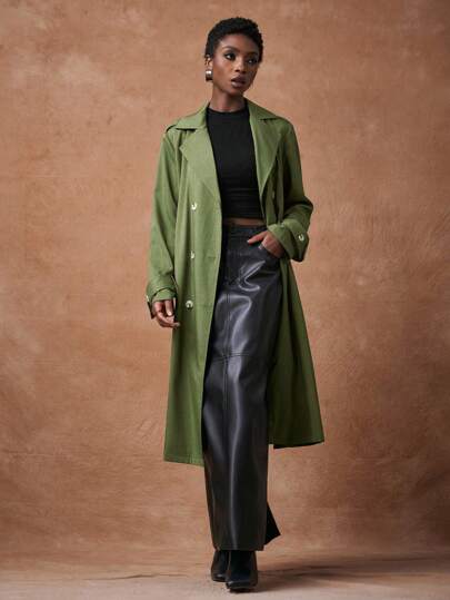 Zivah Abrigo militar verde de manga larga con bolsillos, cintura ceñida, elegante para uso diario, de estilo informal y casual, estampado de para el verano 2025, perfecto para vacaciones y uso urbano, apropiado también para ocasiones de negocios, para mujer, principios de otoño