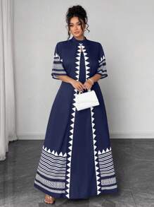 Elenzga Halloween Plus Size Women Geometric Print 3/4 Sleeve 2 In 1 Dress