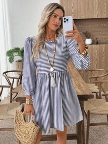 EMERY ROSE 女式条纹圆领泡泡袖休闲宽松短裙蓝白条纹连衣裙夏季休闲连衣裙女式休闲连衣裙长袖夏装条纹夏装秋季女装秋装女式秋季连衣裙秋季服装女式秋季服装秋装女式秋季服装秋冬服装女式冬季外出上衣女式商务休闲女式商务休闲装女式商务休闲装女式乡村服装女式老款基本款女士教师服装外出上衣女式返校秋季女装 - 藍白色 - 查看 5