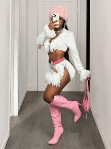 BamGleam 女士毛衣、裙子、针织白色流苏吊带，结合性感度假海滩派对，春夏秋季女装 - 白色 - 查看 4