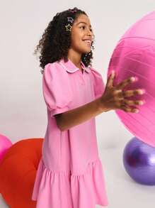 Leap Crew Leap Crew Tween Girl Pink Peter Pan Collar Ruffle Puff Sleeve Dress,Summer Cute Sweet Back-To-School Season,Loose Casual Minimalist Comfortable Drop Waist Dress - Hot Pink - View 2